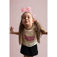 Beyaz Bisiklet Yaka Baskılı Kısa Kollu Kız Çocuk Tişört/t-Shirt