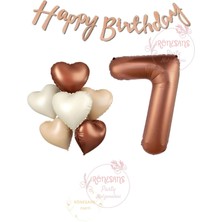 Rönesans Happy Bıthday Yazılı Kahverengi Renk Rakam ve Kalpli Folyo Balon Seti Yaş 7