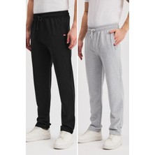 Siyah-Antrasit Erkek Fermuarlı Cepli Nakış Detaylı Düz Paça Rahat Kesim Günlük 2'li Eşofman Altı