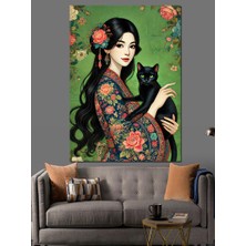 Japon Kadın ve Siyah Kedi Dekoratif Kanvas - Mdf Ahşap Tablo