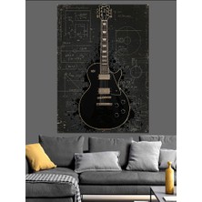 Siyah Elektro Gitar ve Çizimler Dekoratif Kanvas - Mdf Ahşap Tablo