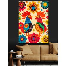 Neşeli Çiçek ve Tavuklar Dekoratif Kanvas - Mdf Ahşap Tablo