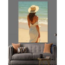 Kumsalda Beyaz Elbiseli Kadın Dekoratif Kanvas - Mdf Ahşap Tablo