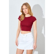 Kadın Bordo (25511) Bisiklet Yaka Full Likra Ribana Kısa Tişört