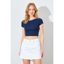 Kadın Lacivert (25511) Bisiklet Yaka Full Likra Ribana Kısa Tişört