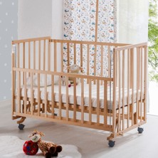 Babywho BW6250 Doğal Ahşap Bebek Beşiği - Tekerlekli Sallanır Kademeli, Anne Yanı Beşik- Uyku Setli - 70X130CM
