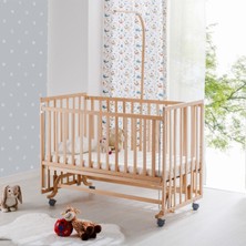 Babywho BW6250 Doğal Ahşap Bebek Beşiği - Tekerlekli Sallanır Kademeli, Anne Yanı Beşik- Uyku Setli - 70X130CM