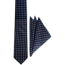 Petrol Mavi Desenli Ipek Kravat Takımı