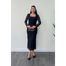 Tül Kumaş Büzgü Detaylı Kalem Elbise - Siyah