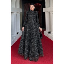 Boncuklu Kumaş Saten Detaylı Abiye Elbise - Siyah