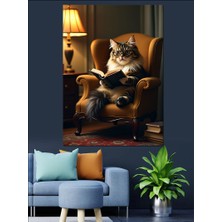Kitap Okuyan Kedi Dekoratif Kanvas - Mdf Ahşap Tablo