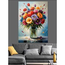 Cam Vazoda Renkli Çiçekler Dekoratif Kanvas - Mdf Ahşap Tablo