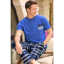 Koyu Mavi Ekose Future Desenli Kısa Kollu Erkek Pijama Takımı
