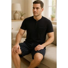 Siyah Ekose Cep Detaylı Şortlu Kısa Kollu Erkek Pijama Takımı