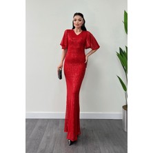 Pul Payet Kumaş V Yaka Abiye Elbise - Kırmızı