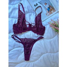 Mürdüm Mor Balenli Çift Ip Detaylı Dantel Detay Bralette String/tanga & Sütyen Fantazii İç Çamaşır Takımı