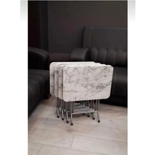 Can Vista Home Katlanabilir Beyaz Mermer Desenli Paslanmaz Gri Metal Ayaklı 4'lü Zigon Sehpa Takımı
