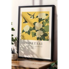 Artiera Hokusai Çiçek ve Kuş Ahşap Baskı Doğal Ahşap Çerçeveli Duvar Tablosu