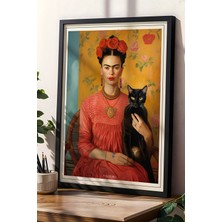 Artiera Frida Kahlo ve Siyah Kedi Portresi Doğal Ahşap Çerçeveli Duvar Tablosu