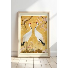 Artiera Japon Turna Kuşları ve Sakura Doğal Ahşap Çerçeveli Duvar Tablosu