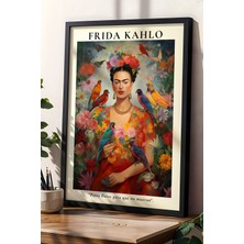 Frida Kahlo Çiçekler ve Kuşlar Temalı Doğal Ahşap Çerçeveli Duvar Tablosu