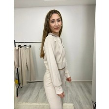 Kadın Krem Fermuar Detaylı Sweatshirt Takım
