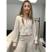 Kadın Krem Fermuar Detaylı Sweatshirt Takım
