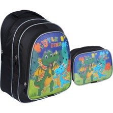 Siyah Dinazor Desenli Ilkokul Çantası Beslenme Çantalı 1312-1