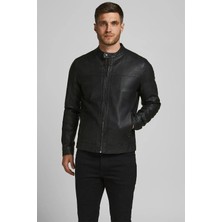 Jack & Jones Jjwarner Siyah Erkek PU Deri Mont 12182461 V5 Regular Fit Dik Yaka