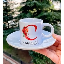 LorenGift Kişiye Özel İsimli Kırmızı Harf Temalı Çiçekli Türk Kahvesi Fincanı