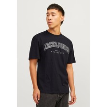 Jack & Jones JJECALEB VARSITY 0 Yaka Black Erkek Tişört 12257579