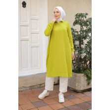 Armine Trend Ribanalı Fermuarlı Krep Kumaşlı Tunik-Fıstık Yeşil 25YT460
