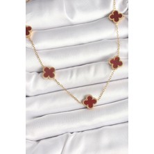 316L Çelik Gold Renk Zincir Bordo Yonca Model Kadın Kolye