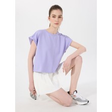 D5SL-TST3599 Lila Bisiklet Yaka Rahat Kalıp Düz Kadın T-Shirt