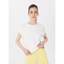 D5SL-TST3599 Beyaz Bisiklet Yaka Rahat Kalıp Düz Kadın T-Shirt