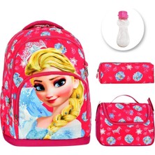 Pembe Elsa Okul Çantası + Beslenme + Suluk - Kumaşı Elsa Ilkokul Çantası Kız Çocuk Okul Çantası