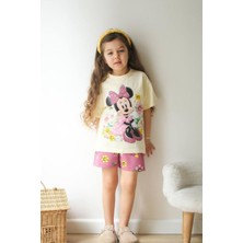 Bej Minnie Mouse Kısa Kollu Şortlu Çizgi Karakter Baskılı Kız Çocuk 2li Takım