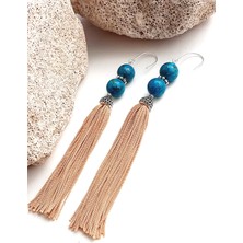 18 Ayar Altın Kaplama Bohem Püskül Tasarım Arizona Turkuaz Doğal Taşlı Vintage Kadın Gümüş Küpe