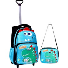 Çekçekli Siyah Dinazor Baskılı, Ortopedik Sırt Özellikli, Ilkokul Çantası + Beslenme Çantası