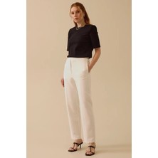 Kadın Elastik Bel Dar Paça Dokuma Kumaş Pantolon - Beyaz