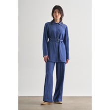 Indigo Mavi Mizalle Denim Dokulu Beli Lastikli Geniş Paça Pantolon