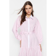 Pembe Çizgili Kemer Detaylı Yarım Pat Dokuma Elbise TCTSS23EB00248