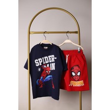 Erkek Çocuk Spider Man Baskılı Beli Lastikli Bağcıklı Lacivert Kırmızı Pamuklu Kumaş Şortlu Alt Üst Ikili Takım