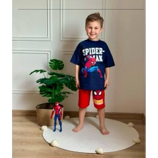 Erkek Çocuk Spider Man Baskılı Beli Lastikli Bağcıklı Lacivert Kırmızı Pamuklu Kumaş Şortlu Alt Üst Ikili Takım