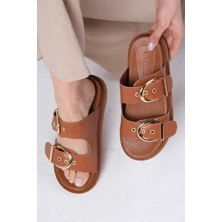 Mio Gusto Estella Taba Renk Çift Tokalı Kadın Terlik