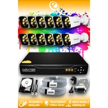 Elitcam 12 Kameralı Kare 12 Dış Kamera Set 2 Tb HDD Full Hd Renkli Gece Görüşlü Güvenlik Kamerası Sistemi