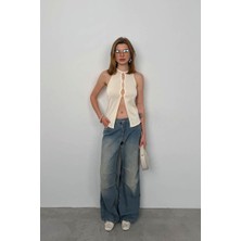 Black Fashion Halter Yaka Göğüs Detay Bluz