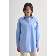 Mizalle Premium Saf Pamuk Kalın Manşetli Oversize Mavi Gömlek