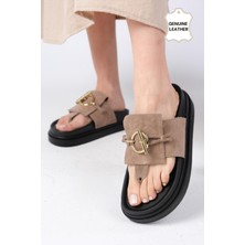 Mio Gusto Alison Hakiki Süet Vizon  Renk Platform Tabanlı Parmak Arası Kadın Terlik