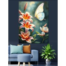 Kelebek ve Zambak Çiçekleri Dekoratif Kanvas - Mdf Ahşap Tablo